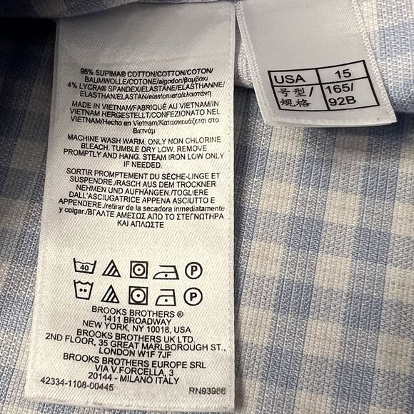 Brooks Brothers Dress Shirt 15 32 Non Iron Blue White Check Button Down Cotton - Picture 3 of 6